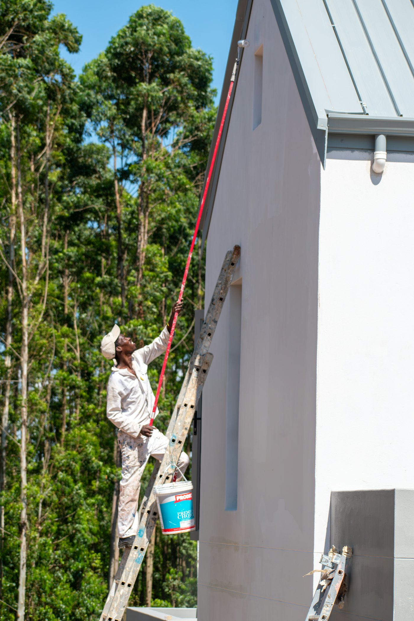 Maler auf der Leiter an einer Hausfassade